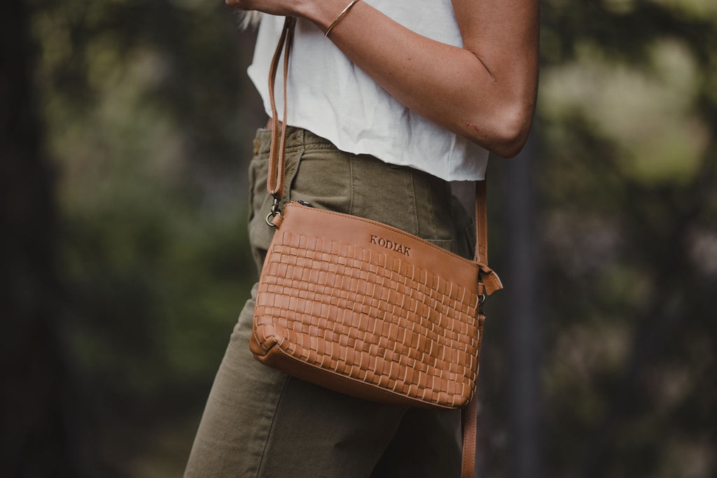 Genuine Leather Woven Top Zip Shoulder, store Crossbody Bag - Brown