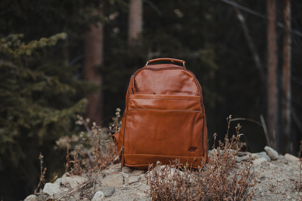 brown leather cat face backpack Katmai Leather Backpack